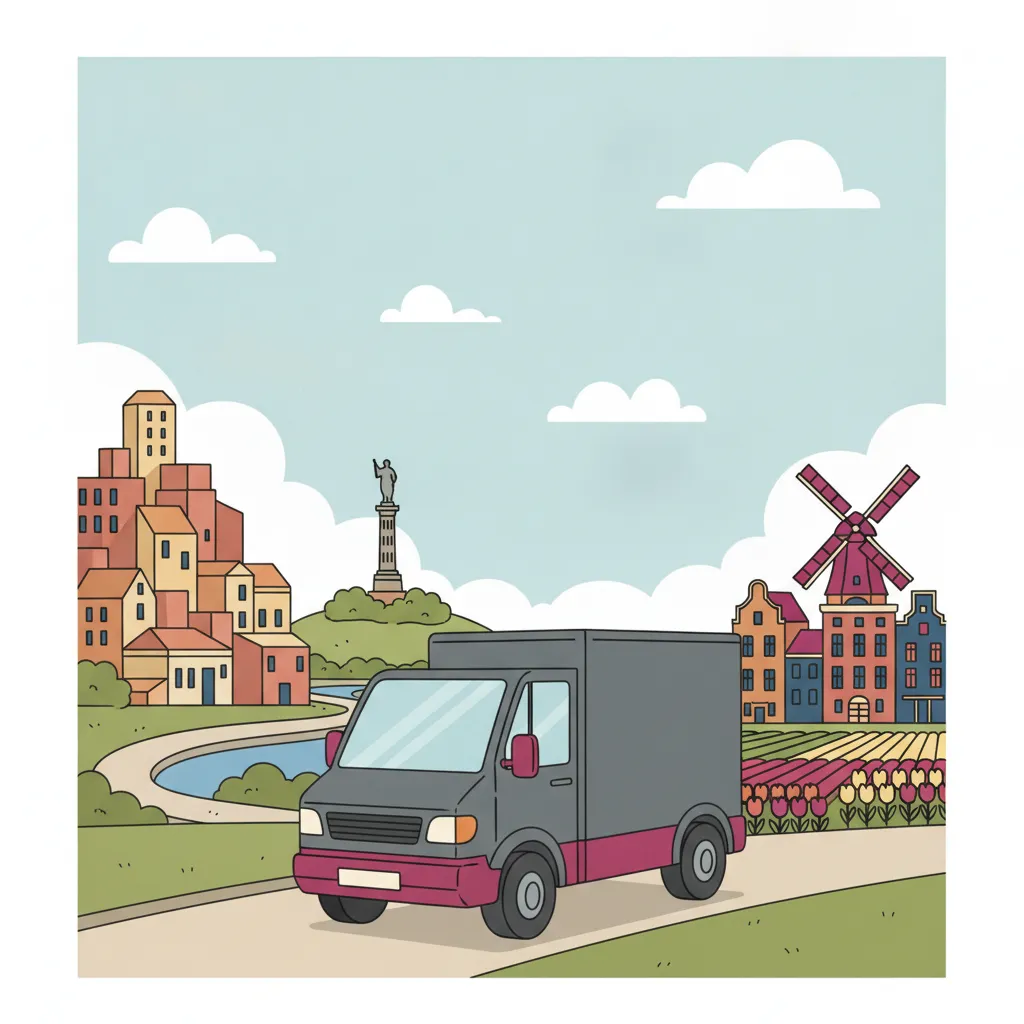 Comic-Illustration: kleiner Transporter fährt aus dem Kasseler Bergpark mit Herkules Richtung niederländischem Grachten- und Windmühlen-Panorama - Beiladung in die Niederlande ab Kassel