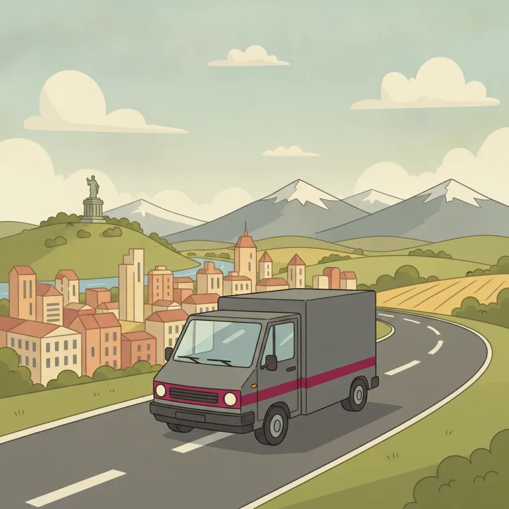 Comic-Illustration: kleiner graphitfarbener Transporter fährt aus dem Kasseler Bergpark mit Herkules Richtung Schweizer Alpenpanorama - Beiladung in die Schweiz ab Kassel