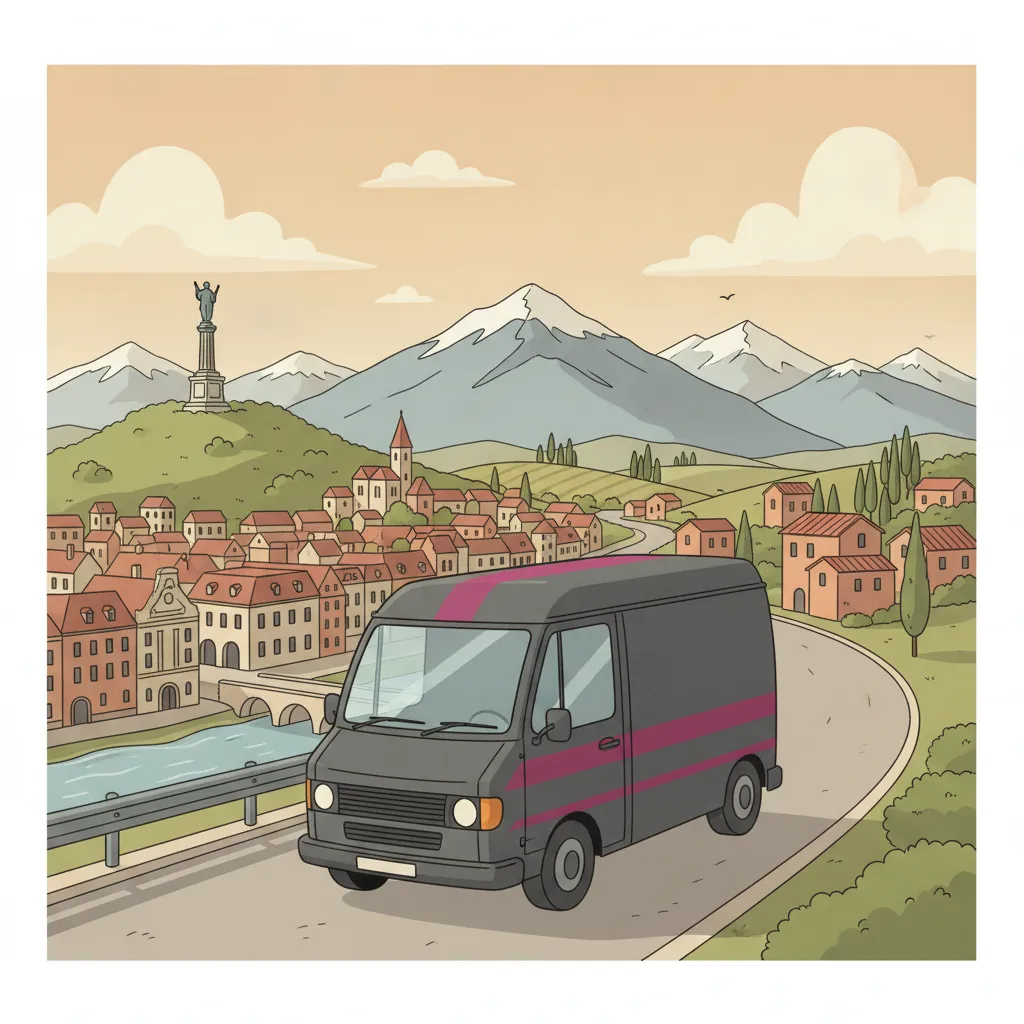 Comic-Illustration: kleiner Transporter fährt aus dem Kasseler Bergpark mit Herkules über die Alpen Richtung italienischem Zypressen- und Hügelpanorama - Beiladung nach Italien ab Kassel