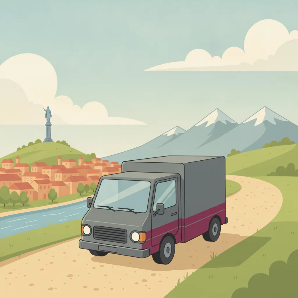 Comic-Illustration: kleiner Transporter fährt aus dem Kasseler Bergpark mit Herkules Richtung österreichischem Alpenpanorama - Beiladung nach Österreich ab Kassel