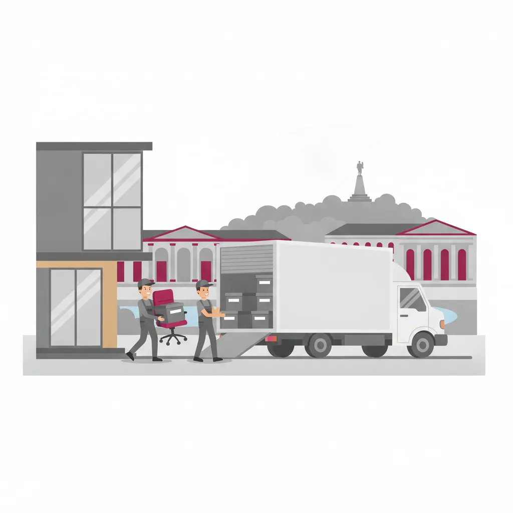 Flat-Design-Illustration: zwei Helfer tragen einen Bürostuhl und einen Rollcontainer mit beschrifteten Aktenkartons aus einem Kasseler Bürogebäude in einen geschlossenen weißen Umzugs-Lkw, im Hintergrund Galerie-Fassaden der Kunststadt und der bewaldete Bergpark – Büroumzug Kassel