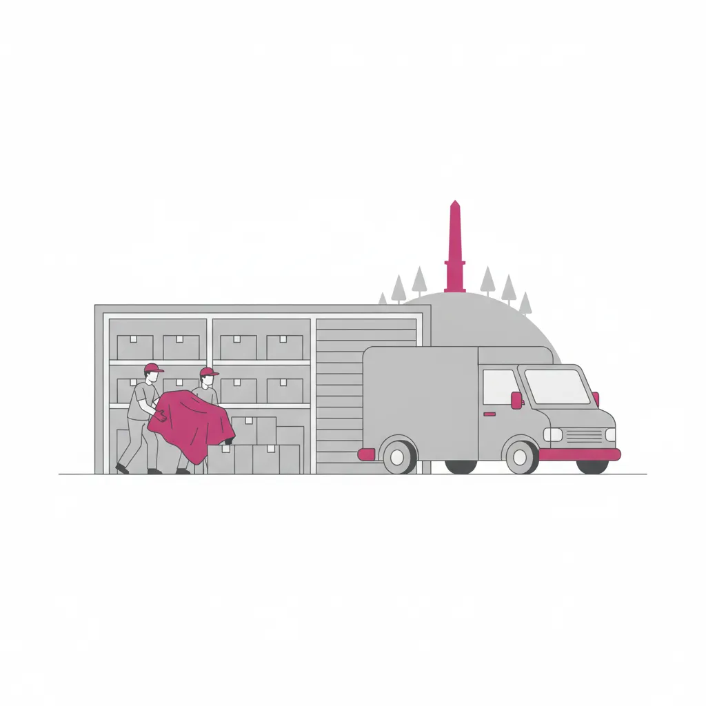 Comic-Illustration: zwei Träger schieben gepolsterte Möbel und beschriftete Kartons in eine saubere Lagerbox, daneben ein geschlossener Kastenwagen, im Hintergrund die Silhouette von Kassel mit dem Herkules – Einlagerung in Kassel