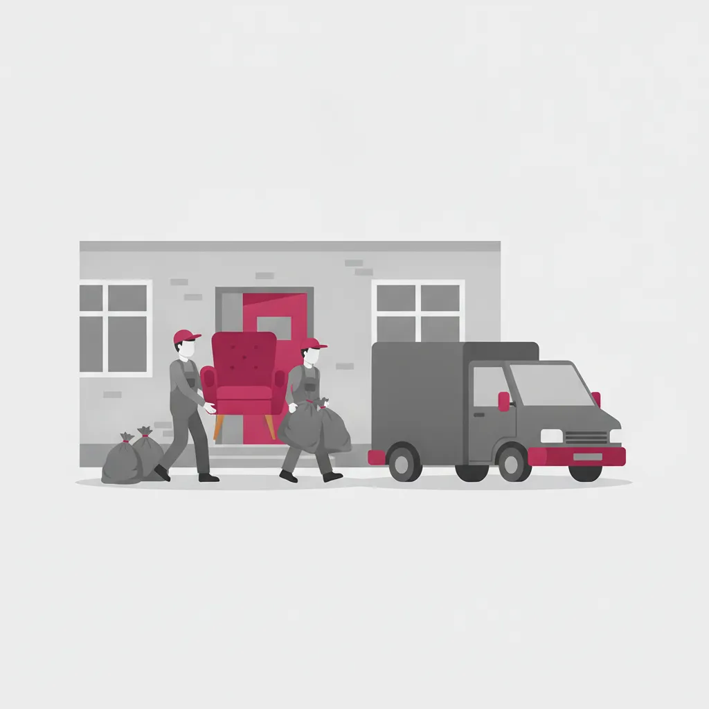 Comic-Illustration: zwei Helfer tragen alte Möbel und volle Säcke aus einem Kasseler Altbau zu einem geschlossenen Kastenwagen, das Treppenhaus dahinter wird leer und sauber – Entrümpelung in Kassel