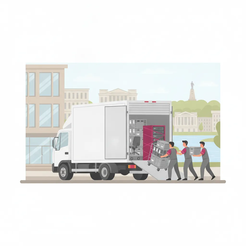 Flat-Design-Illustration: ein Team verlädt Rollcontainer mit Aktenordnern, Bürostühle und verpackte Technik aus einem Kasseler Gewerbegebäude in einen geschlossenen weißen Umzugs-Lkw, im Hintergrund die Kunststadt-Silhouette und der bewaldete Bergpark – Firmenumzug Kassel