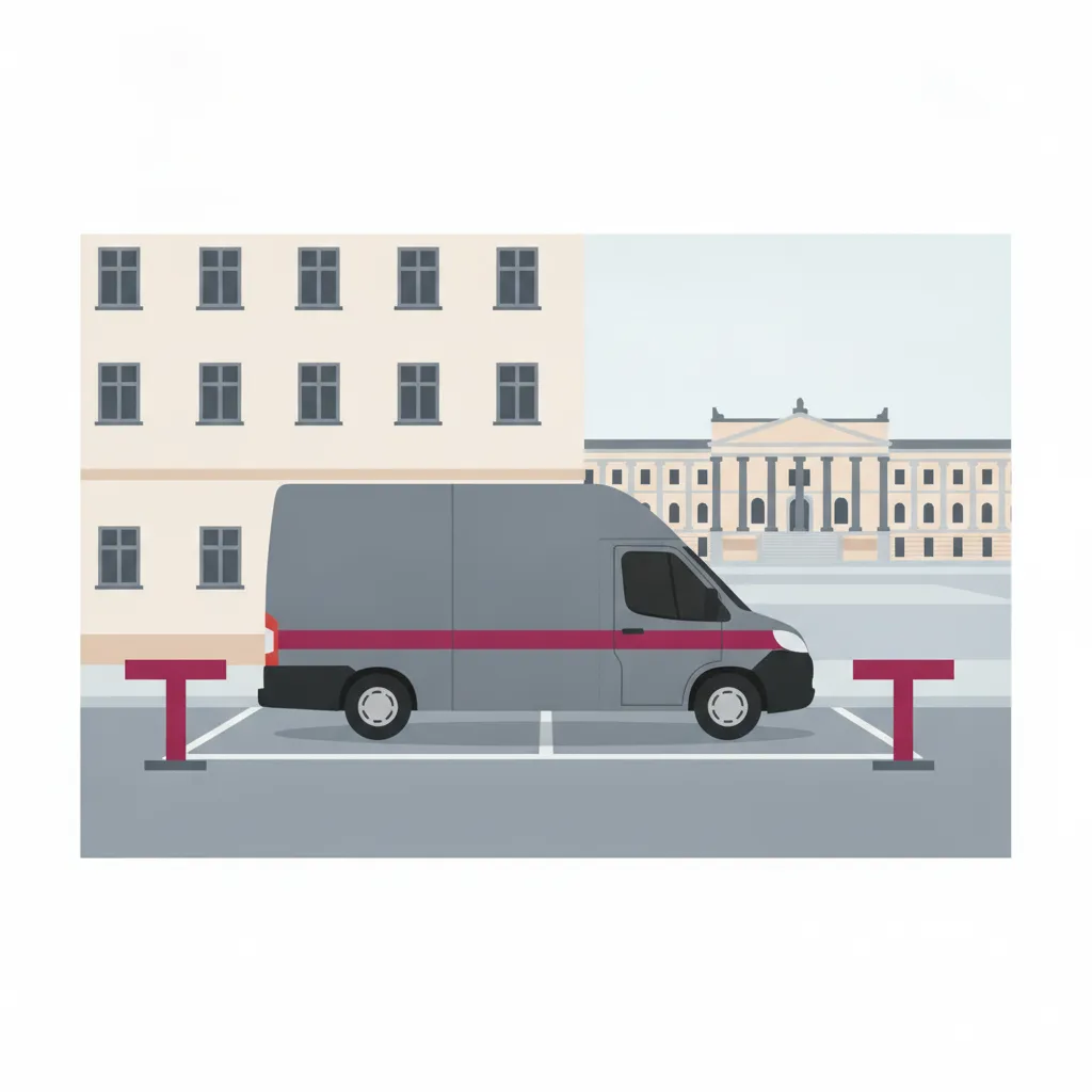 Comic-Illustration: zwei mobile Halteverbotsschilder sichern eine freie Parklücke vor einem Kasseler Altbau, ein geschlossener Kastenwagen steht direkt davor, im Hintergrund der Friedrichsplatz – Halteverbotszone für den Umzug in Kassel