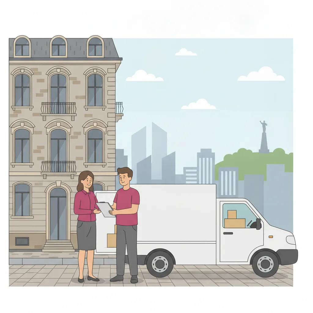 Comic-Illustration: ein Umzugshelfer reicht einer Frau vor einem Kasseler Gründerzeit-Altbau einen Kostenvoranschlag aufs Klemmbrett, daneben ein geschlossener weißer Kofferwagen mit offenen Hecktüren, im Hintergrund der Bergpark mit dem Herkules – Jobcenter-Umzug in Kassel