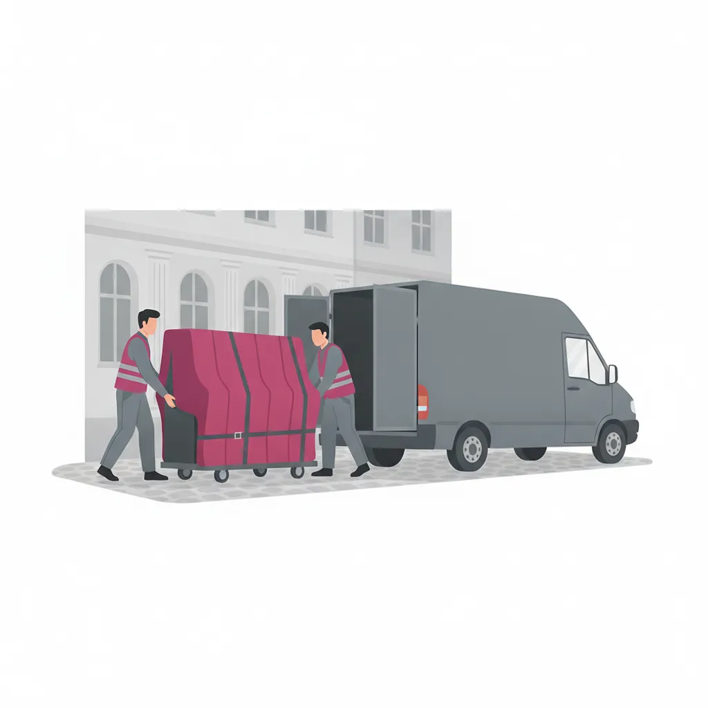 Comic-Illustration: zwei Spezialträger bewegen ein gepolstertes Klavier auf einem Klavierroller aus einem Kasseler Altbau zu einem geschlossenen Kastenwagen, im Hintergrund ein klassizistisches Konzerthaus – Klaviertransport in Kassel