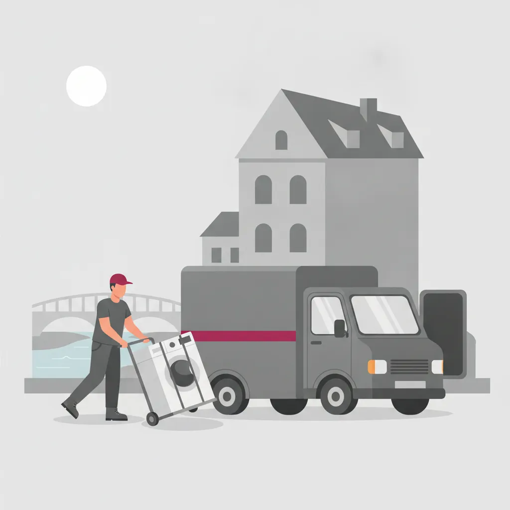 Comic-Illustration: ein Träger schiebt eine Waschmaschine auf der Sackkarre zu einem geschlossenen Kastenwagen vor einem Kasseler Wohnhaus, im Hintergrund die Fulda mit Brücke – Kleintransport in Kassel