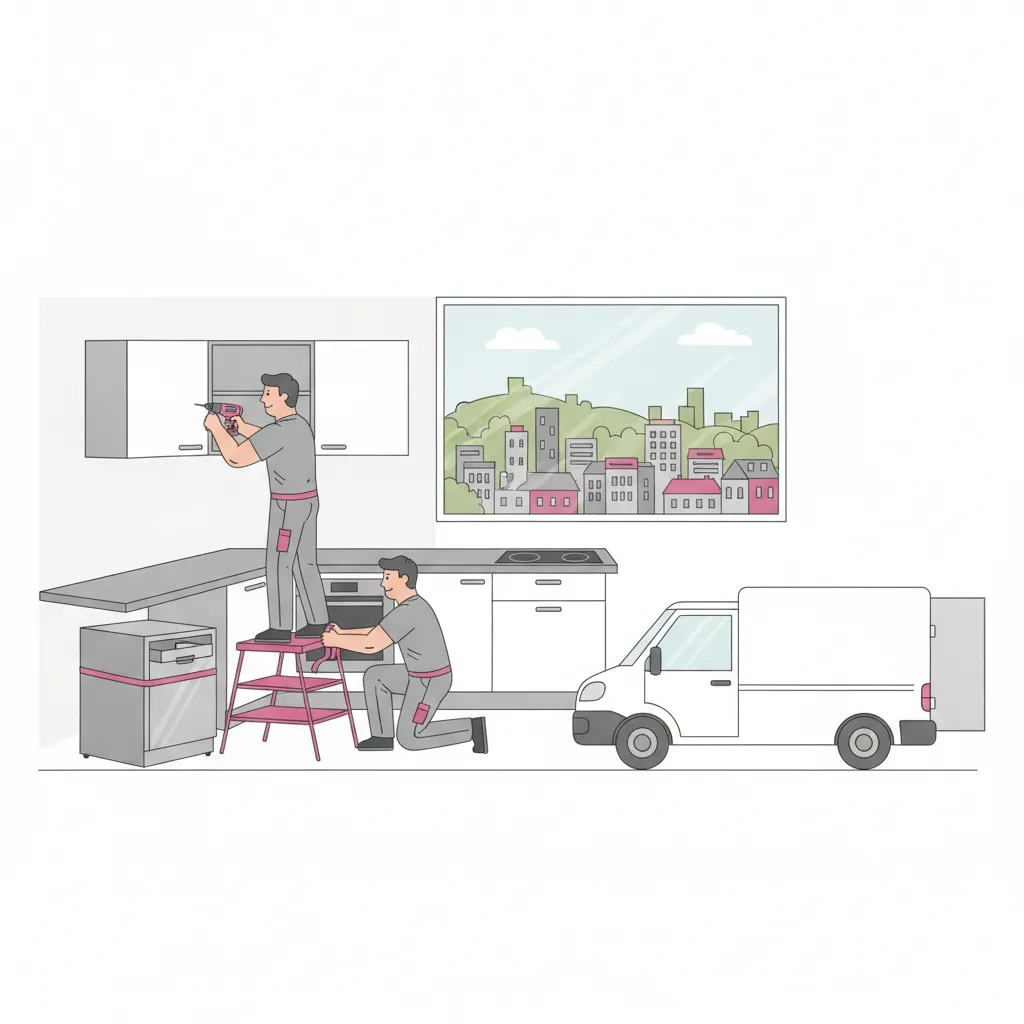 Comic-Illustration: zwei Monteure bauen in einer hellen Kasseler Wohnung eine Einbauküche ab, ein Hängeschrank und ein Kühlgerät stehen bereit, draußen ein geschlossener weißer Kofferwagen mit offenen Hecktüren, im Hintergrund die Kunststadt-Skyline – Küchenumzug in Kassel