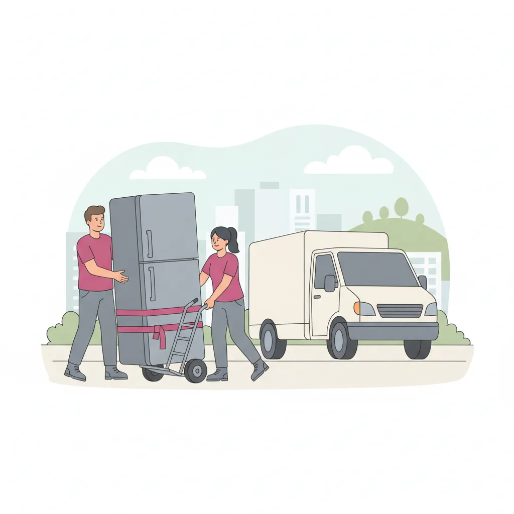 Comic-Illustration: zwei Träger bewegen einen großen Kühlschrank aufrecht auf einer Sackkarre zum geschlossenen weißen Kofferwagen vor einem Kasseler Altbau, im Hintergrund die Kunststadt-Skyline mit grünem Hügel – Kühlschrank-Transport in Kassel