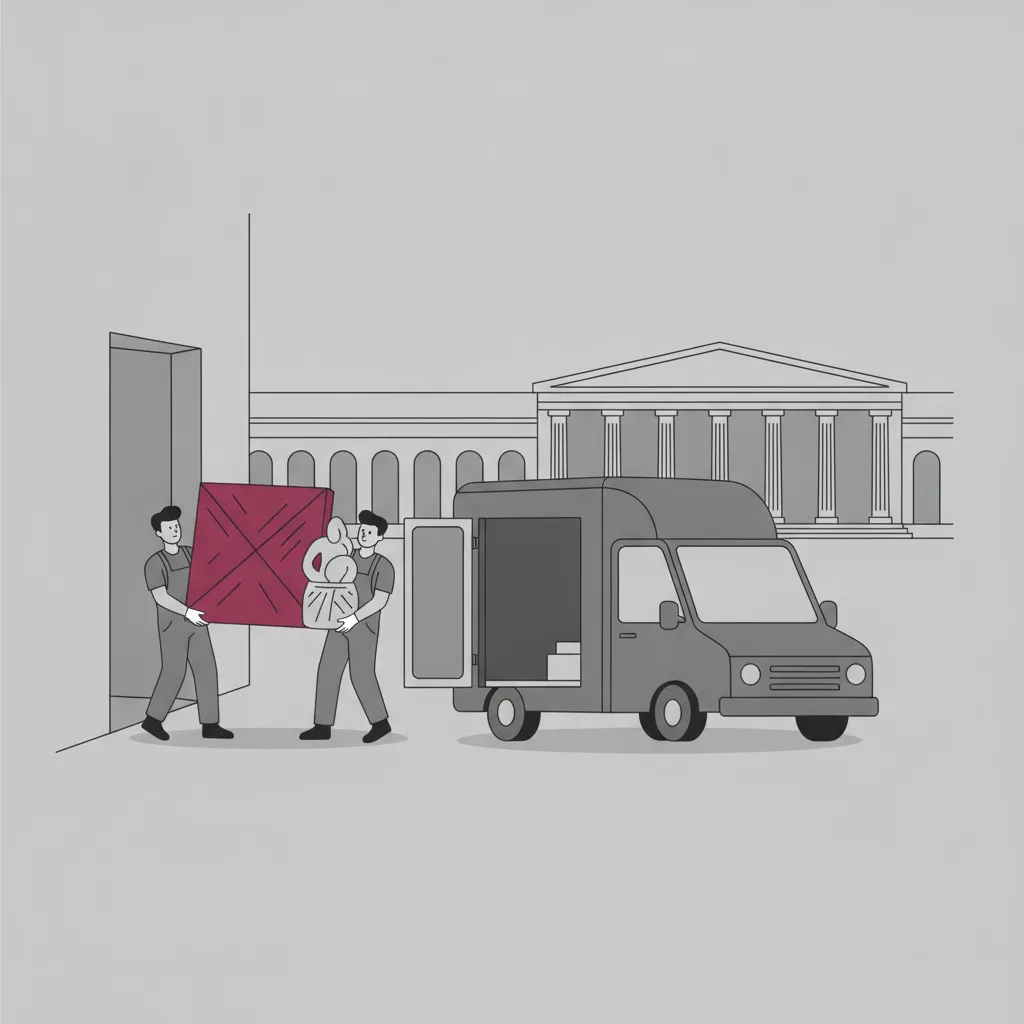 Comic-Illustration: zwei Kunstpacker tragen ein sorgfältig verpacktes Gemälde und eine kleine Skulptur aus einer Kasseler Galerie zu einem geschlossenen Kastenwagen, im Hintergrund das Fridericianum am Friedrichsplatz – Kunsttransport in Kassel