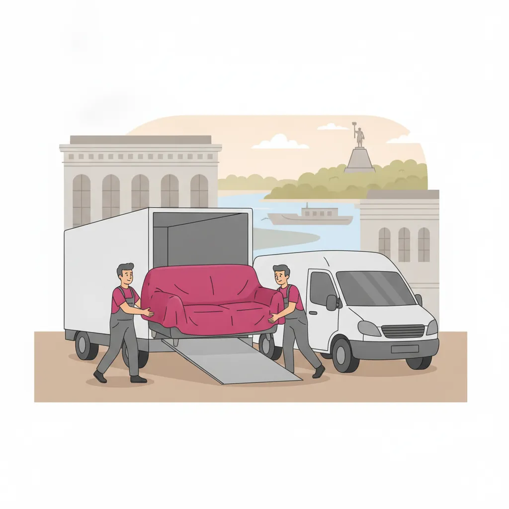 Flat-Design-Illustration: zwei Helfer schieben ein eingepacktes Sofa über eine Rampe in einen geschlossenen weißen Kastenwagen, im Hintergrund die Kunststadt Kassel mit Galerie-Fassaden und dem Herkules auf dem Bergpark – Möbelmitfahrzentrale Kassel