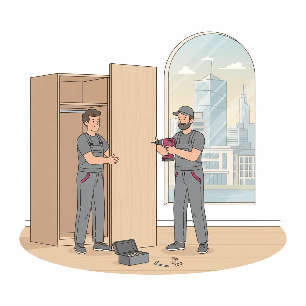 Comic-Illustration: zwei Monteure bauen einen großen Kleiderschrank in einer hellen Kasseler Altbauwohnung mit Akkuschrauber und Werkzeug zusammen, durchs Fenster ist eine moderne Kunststadt-Galerie zu sehen – Möbelmontage in Kassel