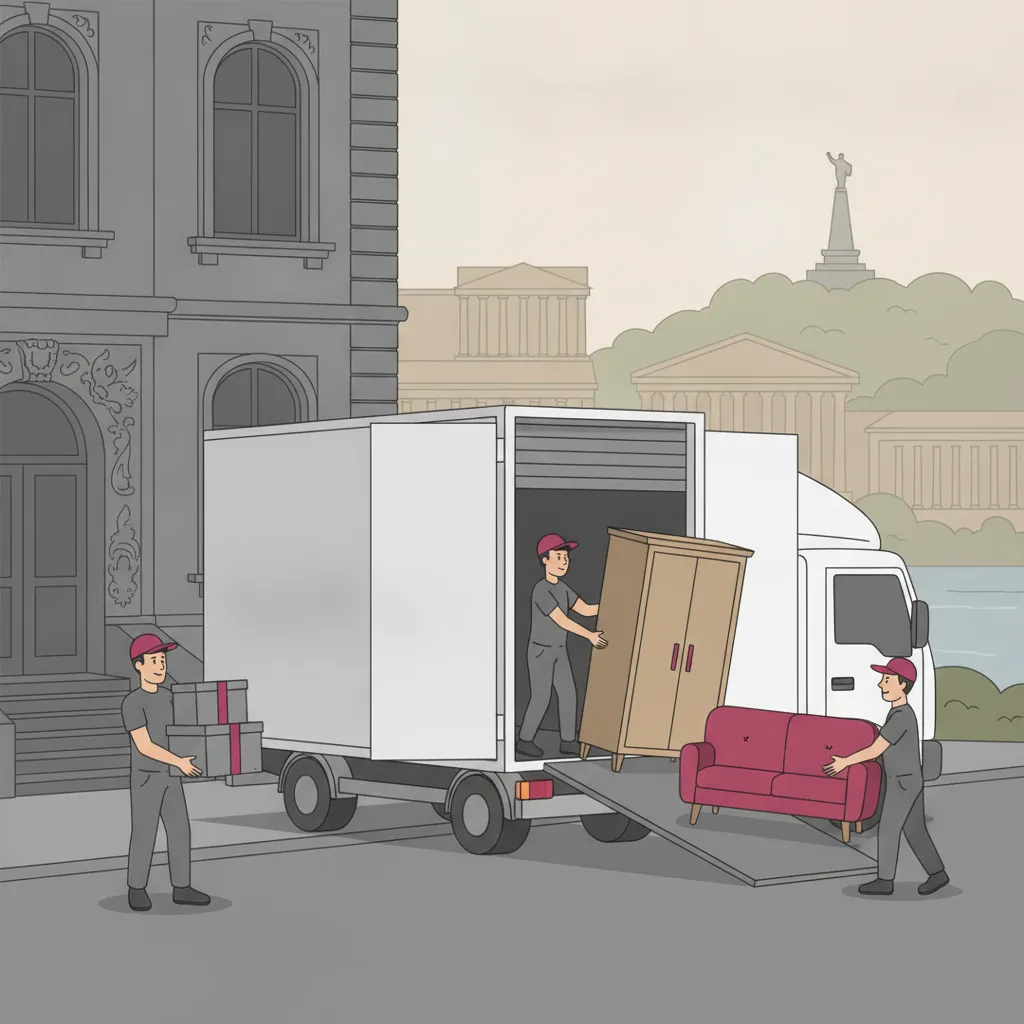 Flat-Design-Illustration: ein Umzugsteam trägt Kartons und einen Schrank aus einem Kasseler Gründerzeit-Altbau in einen großen geschlossenen weißen Umzugs-Lkw, im Hintergrund Galerie-Fassaden der Kunststadt und der bewaldete Bergpark mit dem Herkules – Möbelspedition Kassel