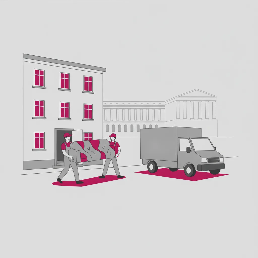 Comic-Illustration: zwei Träger tragen ein Sofa aus einem Kasseler Wohnhaus zu einem geschlossenen Kastenwagen, im Hintergrund der Friedrichsplatz mit Museumsbau – Möbeltaxi in Kassel
