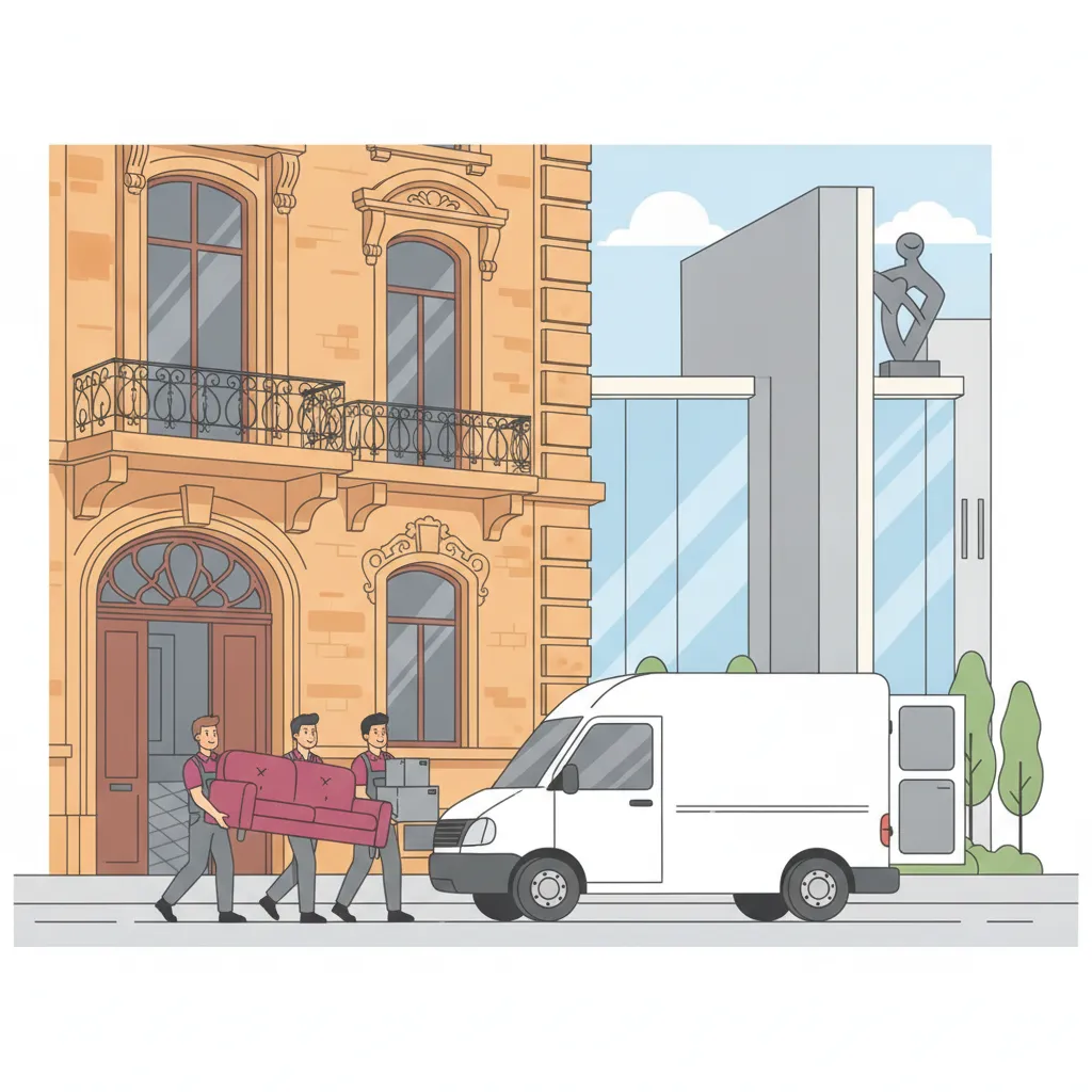 Comic-Illustration: ein Umzugsteam trägt Kartons und ein Sofa aus einem Kasseler Gründerzeit-Altbau in einen weißen geschlossenen Kastenwagen, im Hintergrund eine Kunststadt-Galerie mit moderner Architektur – Privatumzug in Kassel