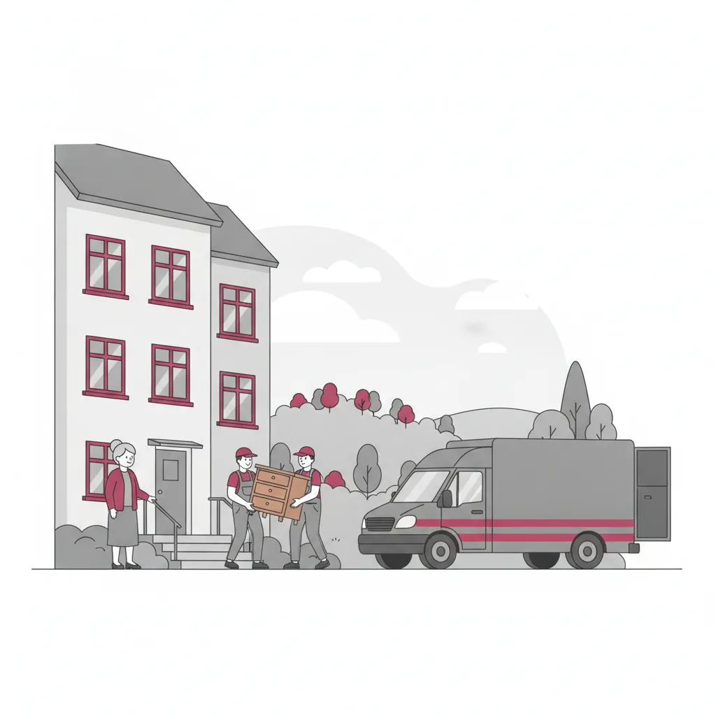 Comic-Illustration: zwei einfühlsame Umzugshelfer tragen behutsam Möbel aus einem Kasseler Altbau, eine ältere Dame schaut ruhig zu, im Hintergrund der bewaldete Habichtswald – Seniorenumzug in Kassel