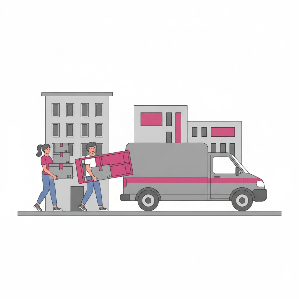 Comic-Illustration: zwei junge Umzugshelfer tragen Kartons und ein Bücherregal zu einem geschlossenen Kastenwagen vor einem Kasseler Studentenwohnhaus, im Hintergrund ein Hörsaalgebäude der Universität – studentische Umzugshelfer in Kassel