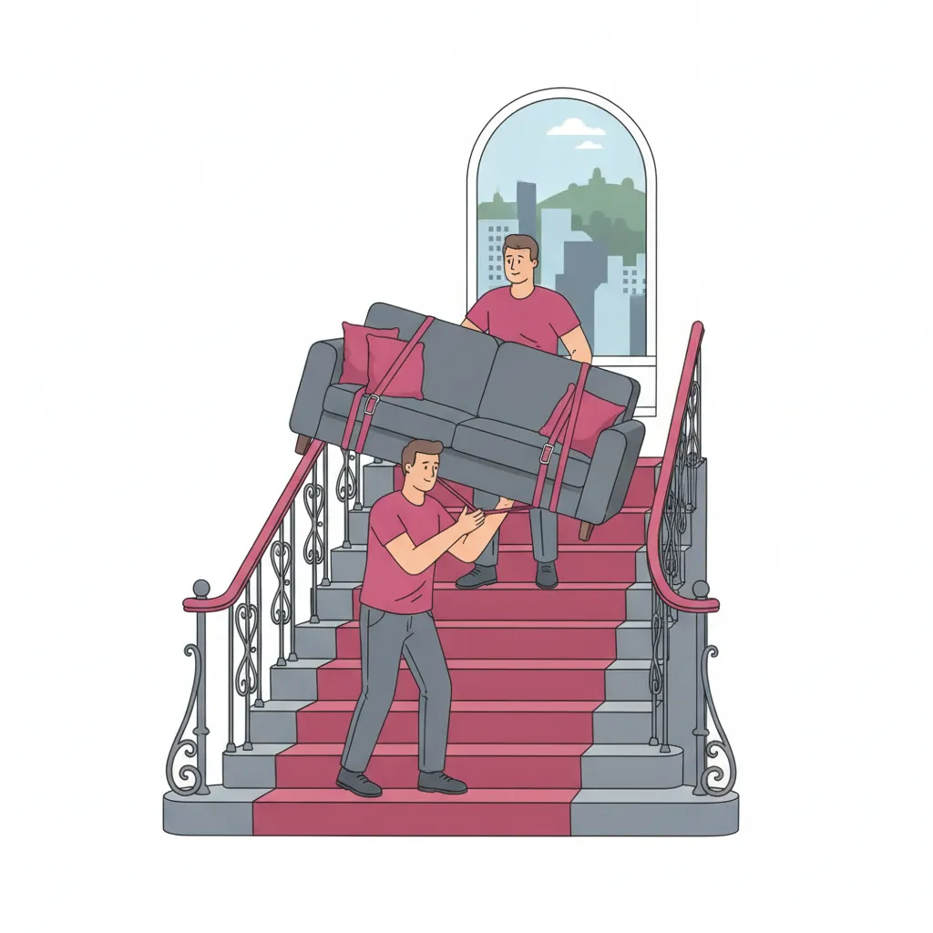 Comic-Illustration: zwei kräftige Träger tragen mit Tragegurten ein schweres Sofa eine enge Treppe in einem Kasseler Altbau hinauf, im Hintergrund durch das Fenster die Kunststadt-Skyline mit grünem Hügel – Tragehilfe in Kassel