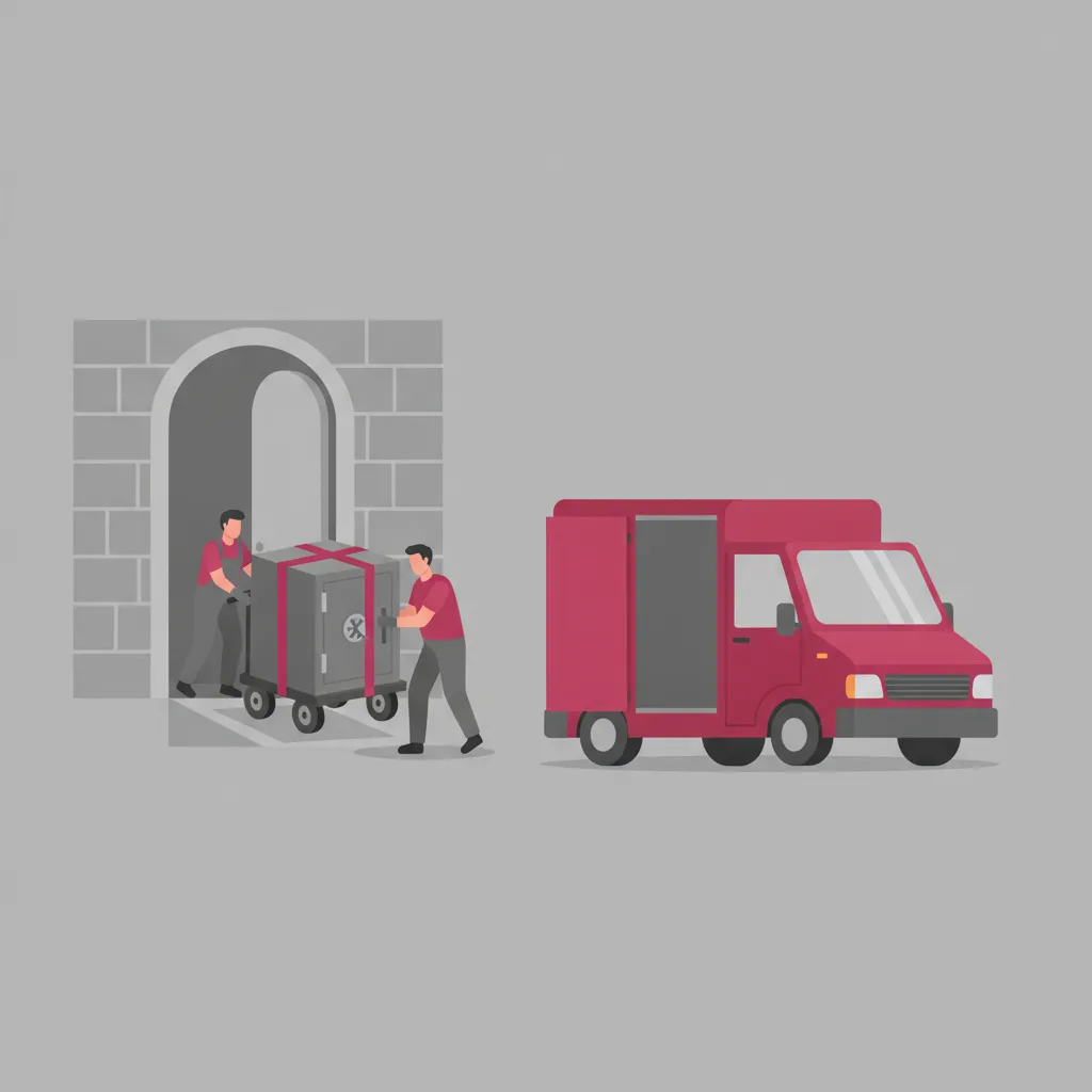Comic-Illustration: zwei Spezialträger setzen einen schweren Tresor mit Schwerlastroller und Gurten aus einem Kasseler Gebäude in einen geschlossenen Kastenwagen – Tresortransport in Kassel