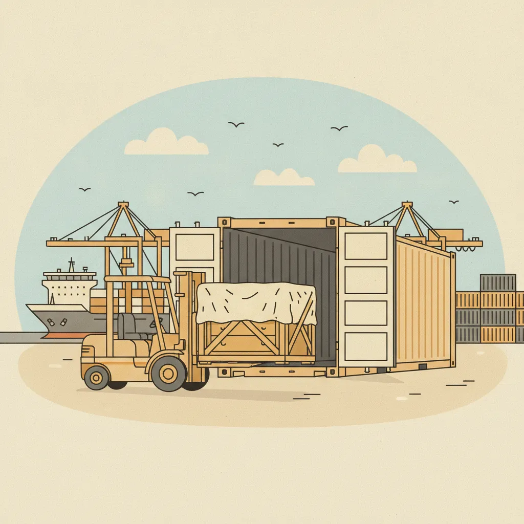 Comic-Illustration: ein verplombter Seefracht-Container wird am Kai mit Hausrat in seetauglichen Holzkisten beladen, im Hintergrund ein Containerschiff und Verladekräne unter blauem Himmel – Überseeumzug per Seefracht