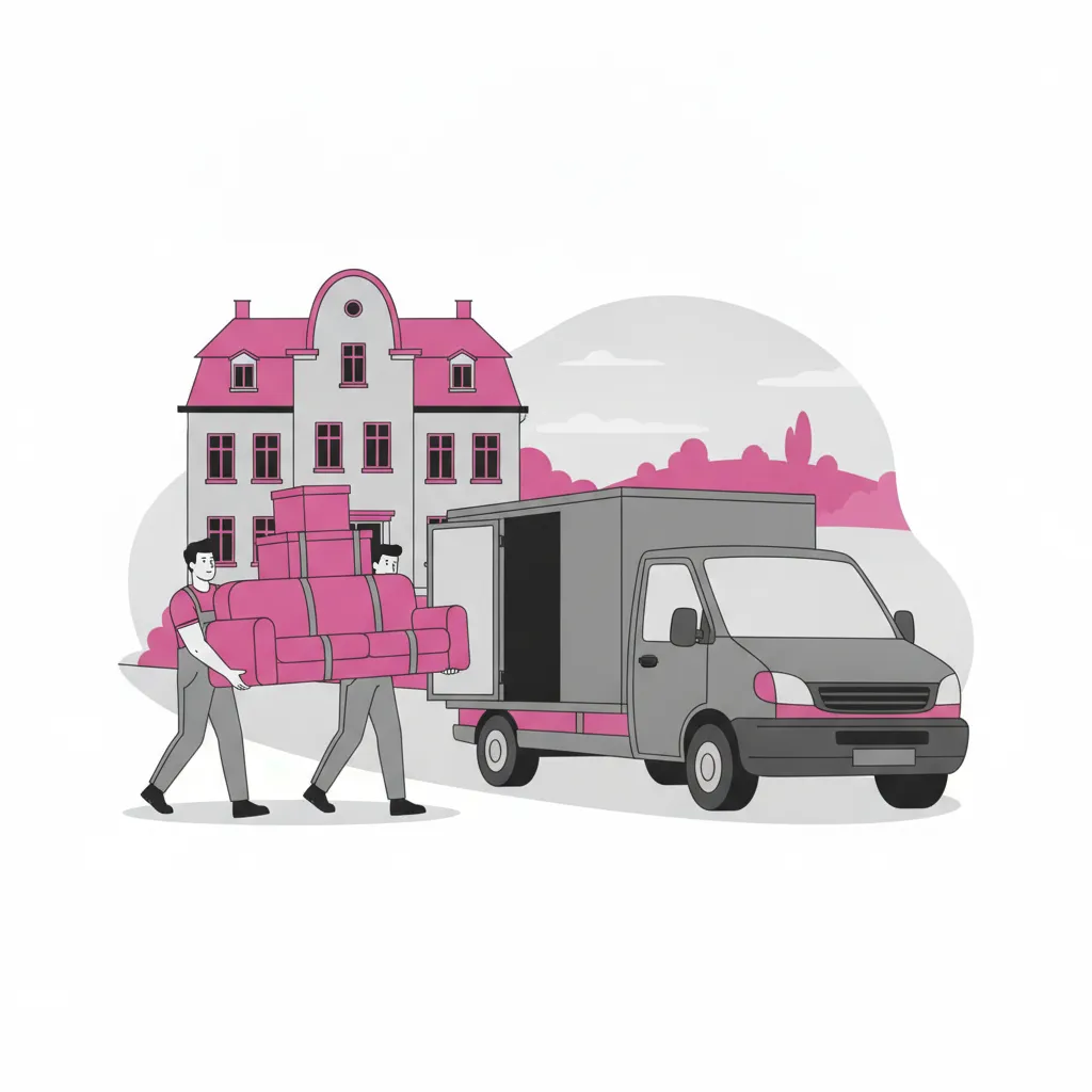 Comic-Illustration: zwei kräftige Umzugshelfer tragen ein Sofa und Kartons zu einem geschlossenen Kastenwagen vor einem Kasseler Gründerzeit-Altbau am Hang – Umzugshelfer in Kassel