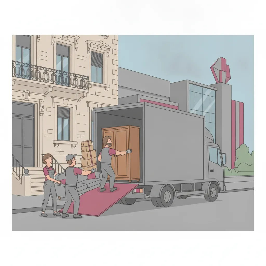 Comic-Illustration: ein Umzugsteam trägt Kartons und einen Schrank aus einem Kasseler Gründerzeit-Altbau in einen großen Umzugs-Lkw mit hohem Koffer-Aufbau, im Hintergrund eine moderne Kunststadt-Galerie – Umzugshilfe in Kassel mit Lkw