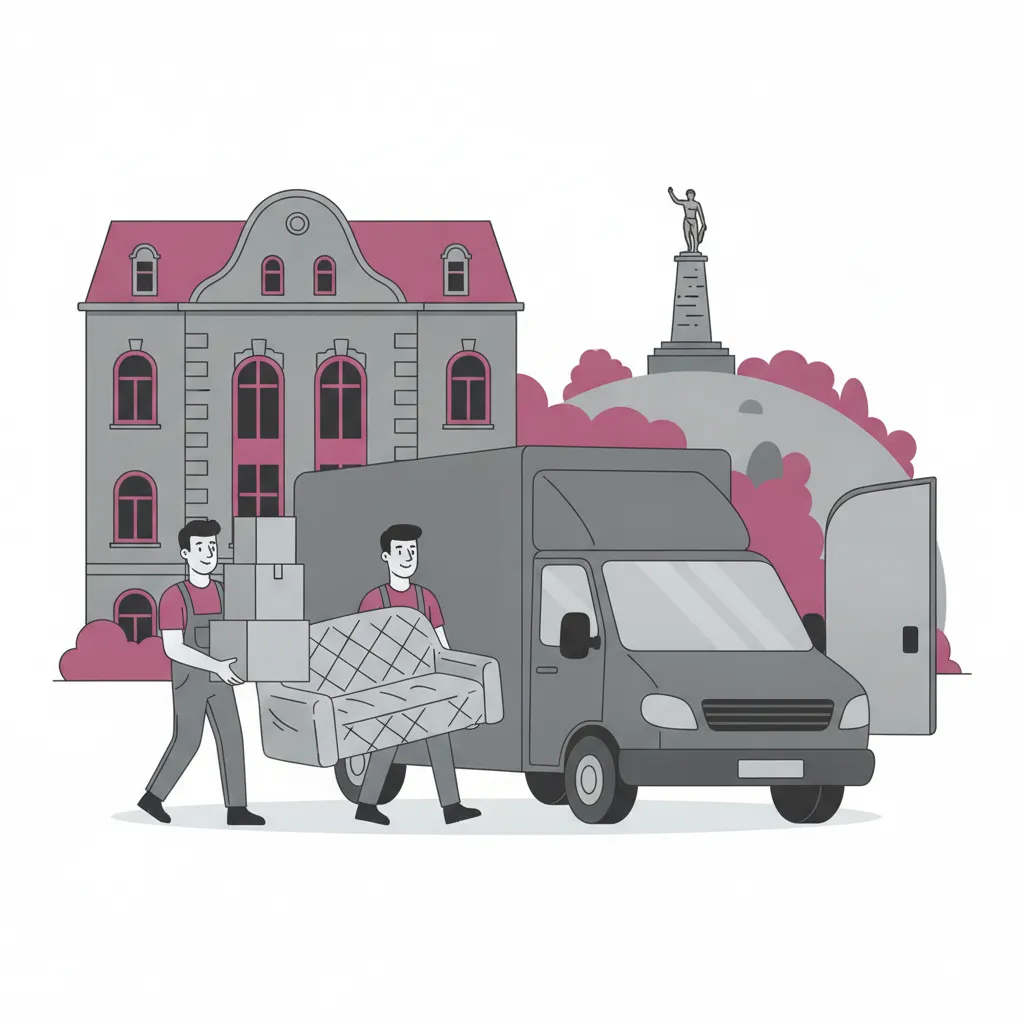Comic-Illustration: zwei Träger verladen gepolsterte Umzugskartons und ein Sofa in einen geschlossenen Kastenwagen vor einem Kasseler Gründerzeit-Altbau, im Hintergrund der Bergpark Wilhelmshöhe mit Herkules – Umzugsunternehmen in Kassel