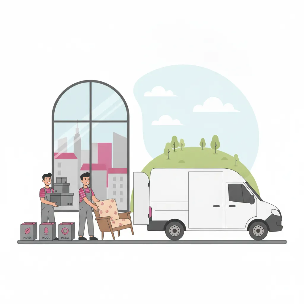 Comic-Illustration: zwei Helfer räumen eine Kasseler Altbauwohnung leer, tragen Kartons und Möbel zum geschlossenen weißen Kofferwagen, getrennte Wertstoffe in Behältern, im Hintergrund die Kunststadt-Skyline mit grünem Hügel – Wohnungsauflösung in Kassel