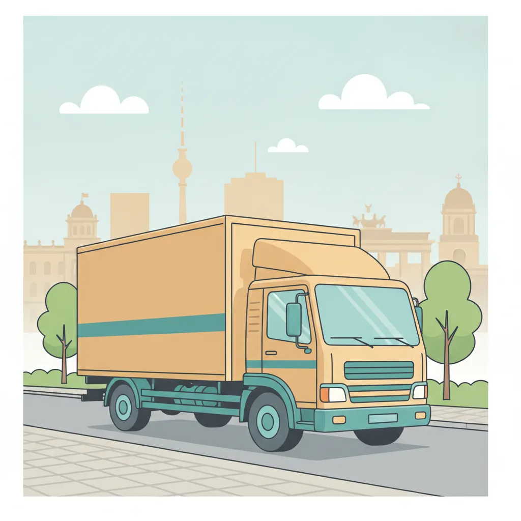 Comic-Illustration: geschlossener Umzugstransporter erreicht Berlin – Beiladung von Kassel nach Berlin