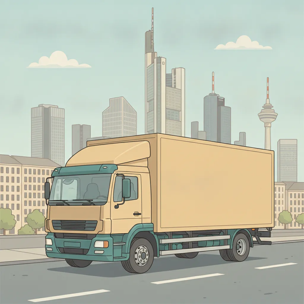 Comic-Illustration: geschlossener Umzugstransporter erreicht Frankfurt – Beiladung von Kassel nach Frankfurt