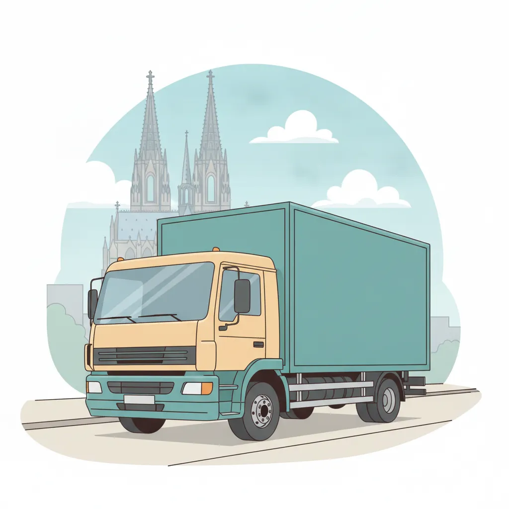 Comic-Illustration: geschlossener Umzugstransporter erreicht Köln – Beiladung von Kassel nach Köln
