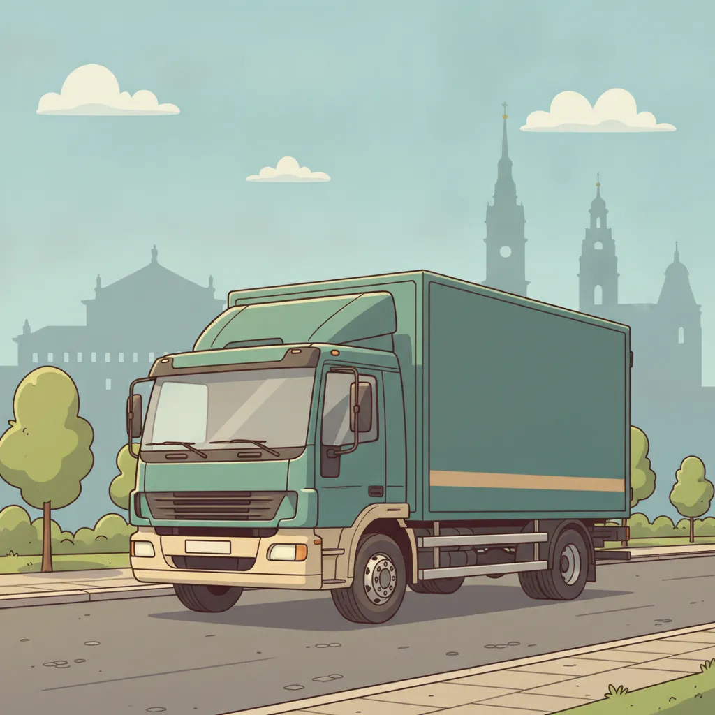Comic-Illustration: geschlossener Umzugstransporter erreicht Leipzig – Beiladung von Kassel nach Leipzig