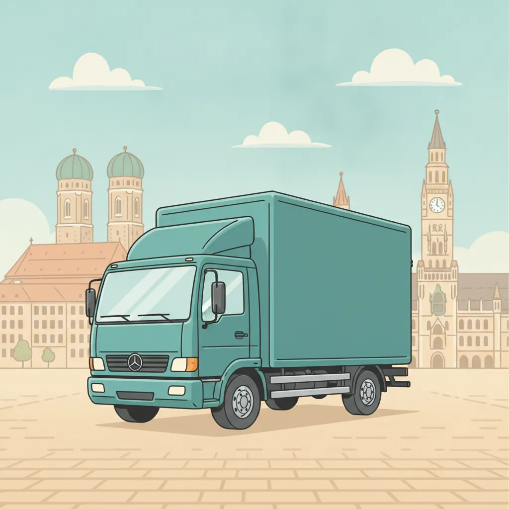 Comic-Illustration: geschlossener Umzugstransporter erreicht München – Beiladung von Kassel nach München